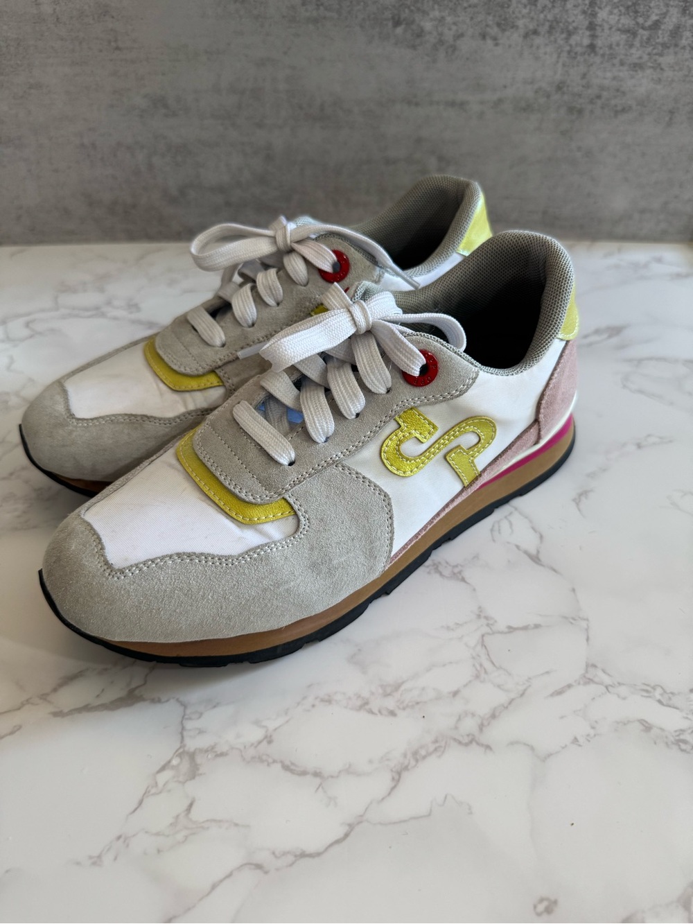 Gray & White Suede Accent Sneakers with Yellow Trim